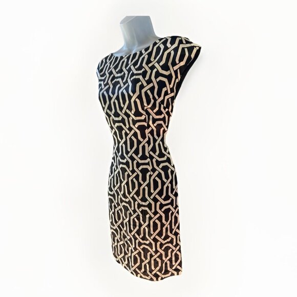 INC Silk Sheath Dress Black/White Cap Sleeve Midi Women's Size 4 Cocktail Dress - Picture 3 of 7